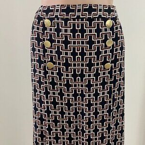 Liz Claiborne Black/Tan/White Geo Print Gold Buttons Dressy Pleated Skirt SZ 12